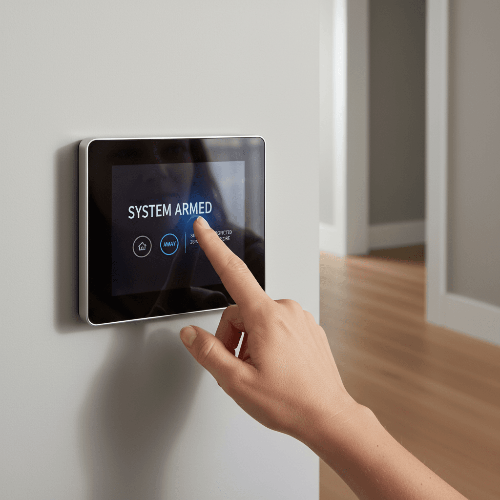 Homeowner's hand activating sleek touchscreen security panel on contemporary home interior wall with soft blue interface display
