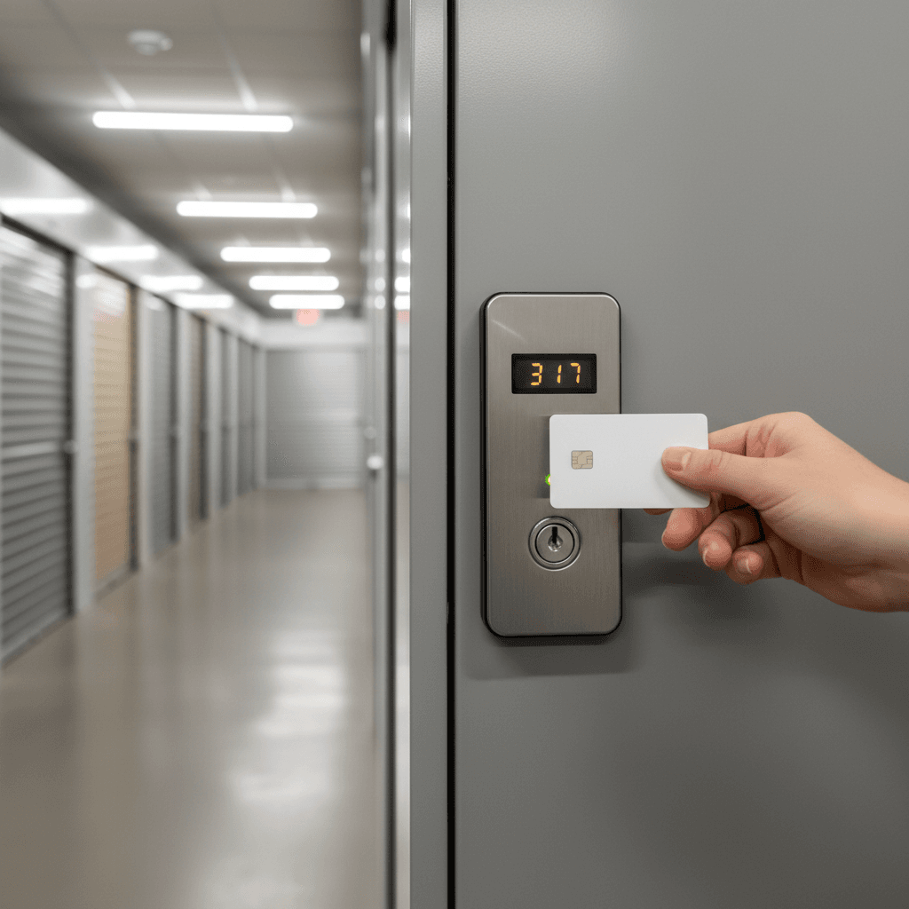 Close-up of customer hand using electronic keycard to access storage unit door with modern security panel