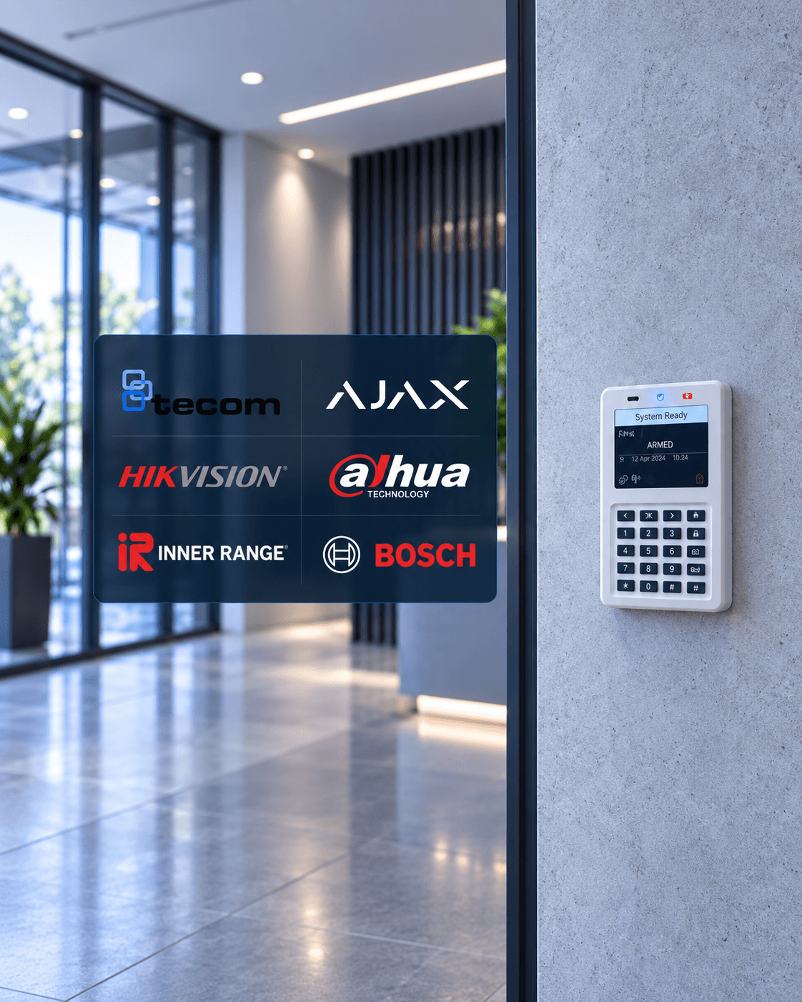 White security keypad on a wall with logos for various brands in a modern lobby.