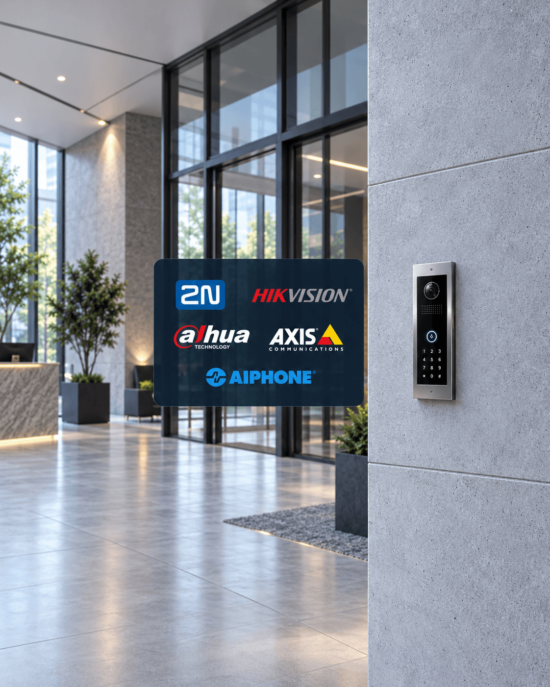 Modern lobby with wall-mounted intercom and logos for 2N, Hikvision, Dahua, Axis, and Aiphone.