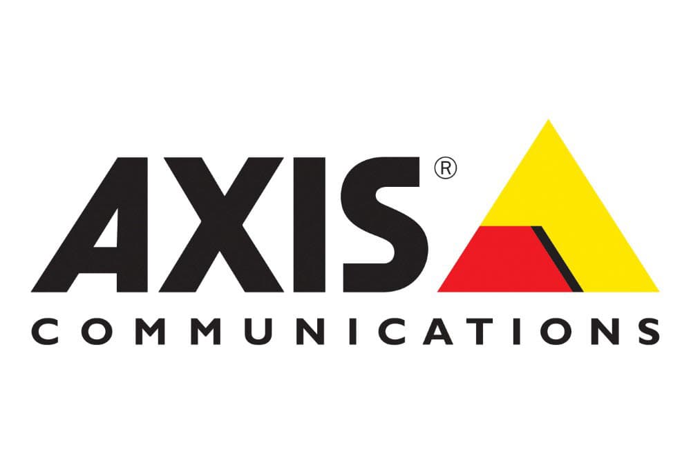 Axis Communications logo featuring bold black text and a yellow triangle with red accents.