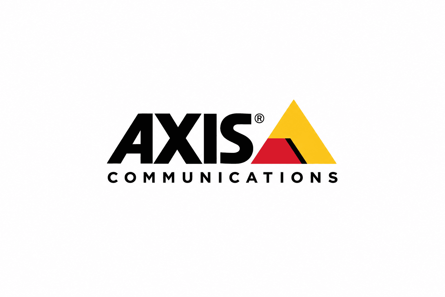 Axis Communications logo featuring bold black text and a yellow, red, and black geometric triangle.