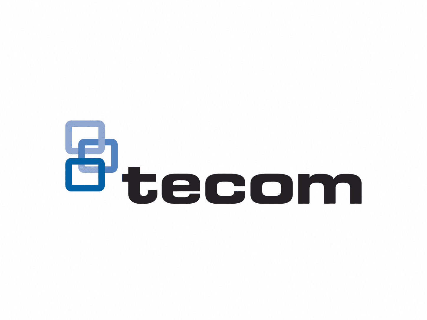 Tecom logo featuring three interlocking blue square outlines next to the company name in bold black.