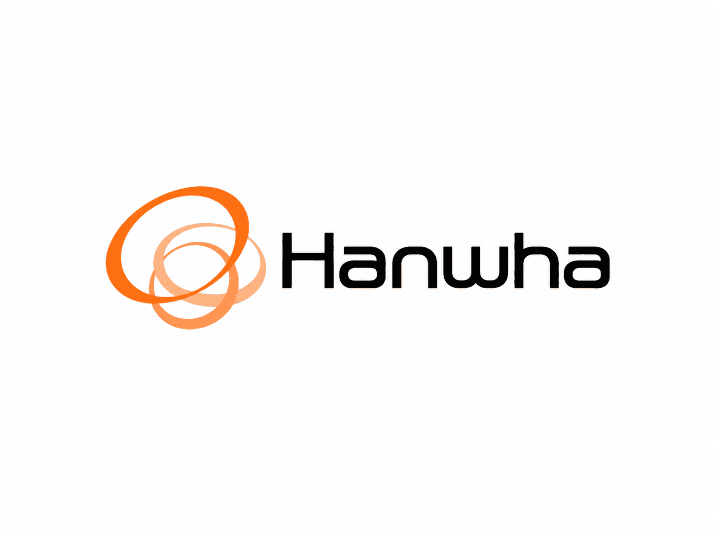 Hanwha logo featuring black text and three overlapping orange circles on a white background.