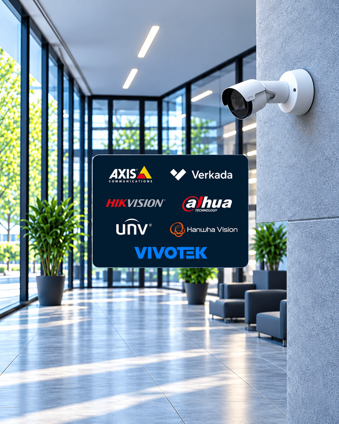 Security camera in a modern lobby with logos of major surveillance brands displayed centrally.