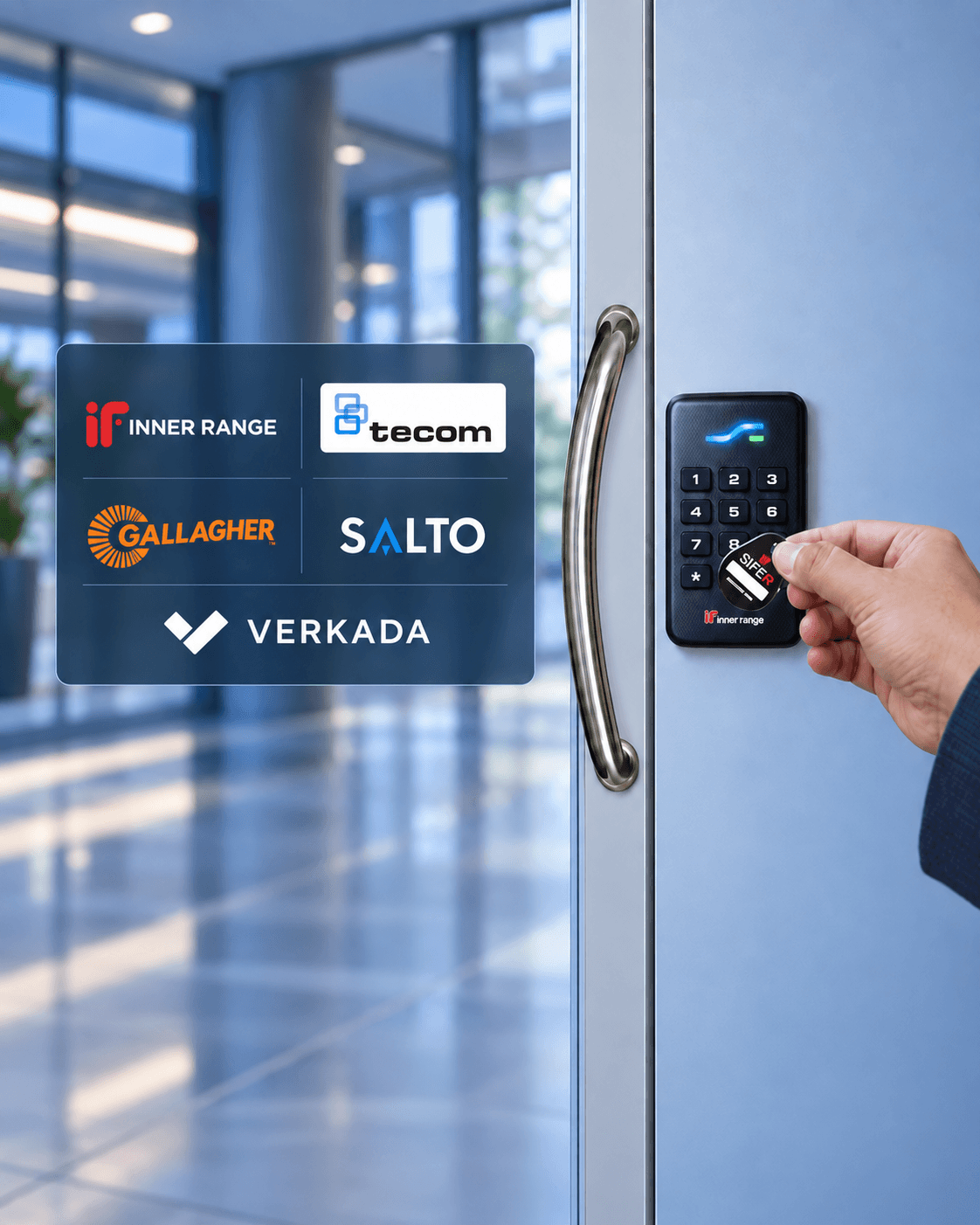 Hand tapping a key fob on a keypad door lock beside various security brand logos.
