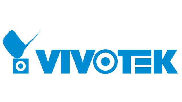 Blue VIVOTEK logo with bold lettering, a square camera icon, and a stylized brushstroke.