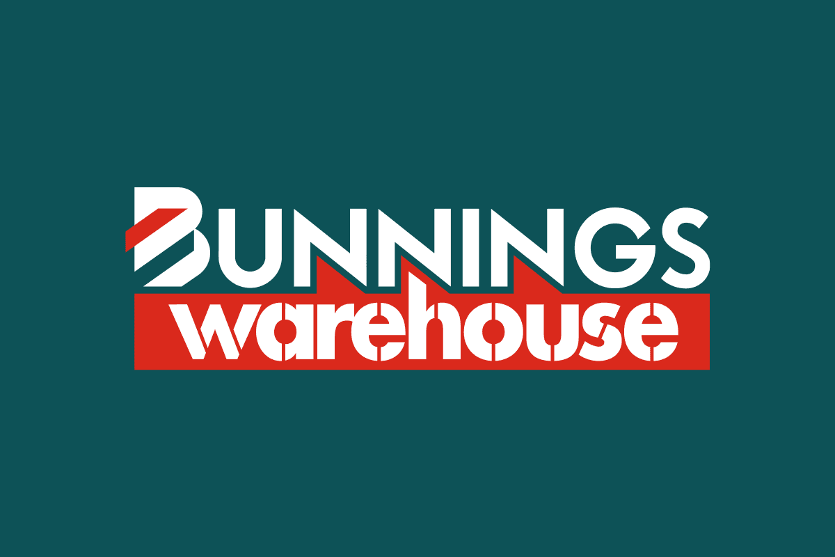 Bunnings Warehouse logo with white lettering and red banner on a dark teal background.