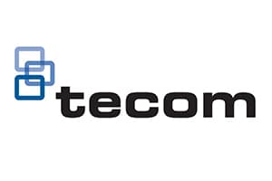 Tecom logo featuring three overlapping blue square outlines and bold black lowercase text.